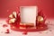 3D podium, display, background. Red, surprise, open gift box. Rose flower falling petals. AI Generated