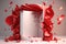 3D podium, display, background. Red, surprise, open gift box. Rose flower falling petals. AI Generated