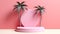 A 3D podium and palm tree with a clean, pink background