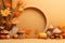 3D podium products display background with autumn leaves,mushrooms,animal on the left with copy space