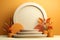 3D podium products display background with autumn leaves,mushrooms,animal on the left with copy space.Minimal background for