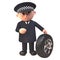 3d police officer policeman character checks the tread on a car tyre, 3d illustration