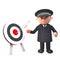 3d police officer in uniform standing next to a target with arrows in the bullseye, 3d illustration