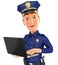 3d policeman standing and holding laptop