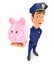 3d policeman standing and holding piggy bank