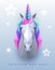 3D polygon paper unicorn head with gradient horn on white background.