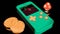 3D portable retro console. Design. Retro animation with prefix and coins on black background. Stylish 3d animation with