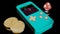 3D portable retro console. Design. Retro animation with prefix and coins on black background. Stylish 3d animation with
