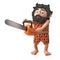 3d prehistoric caveman character using a chainsaw, 3d illustration