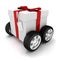 3d present box with red bow on wheels