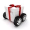 3d present box with red bow on wheels