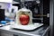 3D printer prints red apple. Cooking device of future for making food. Home future technology. Realistic composition with process