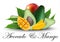 3d promotion banner, Realistic mango, avocado with falling slices, vitamins, leaves. Ice cream, yogurt, juice brand advertising