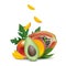 3d promotion banner, Realistic mango, avocado, papaya with falling slices, vitamins, leaves. Ice cream, yogurt, juice brand