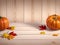 3D pumkins isolated on wood background top festive autumn decor. Concept of Thanksgiving day or Halloween.