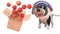 3d puppy dog in astronaut spacesuit watching apples spill from a cardboard box in zero gravity, 3d illustration