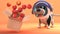 3d puppy dog in a spacesuit on Mars looking at a box of apples floating in low gravity, 3d illustration