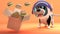 3d puppy dog in spacesuit on Mars watching apples float from a box, 3d illustration