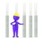 3d purple character holding plans and wearing safety cap standing near to civil construction site