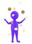 3d purple character standing and raising both hands when golden coin,s falls