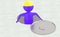 3d purple character wearing a hrad cap going inside a sewer