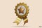 3D quality golden guarantees a medal with a star and ribbon. Gold badge warranty icon isolated on beige background. Realistic