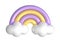 3d rainbows in candy pastel color yellow, purple. Cute plastic rainbow with clouds. 3d rendering spring illustration