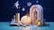 3D Ramadan evening concept scene with crescent moon decor on podium, Quran book, rosary, and polyhedron shapes