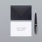 3d realistic A6 envelope greeting card mock up with pen. Vector illustration.