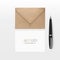 3d realistic A6 envelope greeting card mock up with pen. Vector illustration.