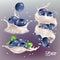 3D realistic blueberry set, lying heaps of berries with leaves, falling bilberries, splash of milk or yogurt with