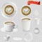 3d realistic cappuccino coffee in white cups view from the top and side. Cappuccino coffee in white paper Cups.
