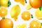 3D realistic citrus background with flying oranges and lemons, with blur effect. Falling lemon and orange fruits are whole and cut