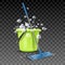 3d realistic cleaning greet bucket with foam and bubbles with broom. Isolated on transparent background.