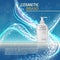 3D realistic cosmetic bottle ads template. Cosmetic brand advertising concept design with glitters and bokeh background