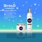 3D realistic cosmetic bottle ads template. Cosmetic brand advertising concept design with water bubbles and waterdrops background