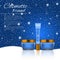 3D realistic cosmetic bottle ads template. Cosmetic brand advertising concept design on winter background with snowflakes