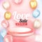3d realistic glossy ballon and pink podium for love sale banner flyer