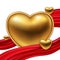 3D realistic golden love heart and red curtain ribbon
