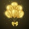 3D realistic golden shiny flying helium balloon with dark background