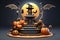 3D Realistic Halloween Podium with Pumpkin, Bat, and Witch Hat