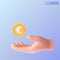 3d realistic hand and euro gold coin icon symbol. Money cash, currency sign, investment, profit or gain, finance or casino concept