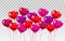 3d realistic heart ballons set. Bunch of glossy red, pink, purple heart balloons on transparent background. Holiday