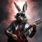 3d realistic illustration of a rockabilly bunny with sunglasses playing an electric guitar.