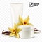 3d realistic isolated vector mockup, jar and tube with cosmetic cream, yellow vanilla flowers and sticks