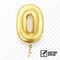 3d realistic isolated vector number zero 0 or letter o, gold helium balloon for your design decoration, party, birthday