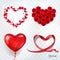 3D realistic isolated vector set of hearts, a bouquet of roses, a ribbon wrapped in a heart shape, falling rose petals
