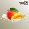 3d realistic isolated vector, splash milk or yogurt whole and slice of mango fruit, editable handmade mesh