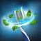 3D realistic isolated vector whirlwind of mint leaves around a toothbrush with extruded paste