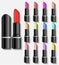 3D realistic lipstick set vector. Isolated glossy makeup cosmetic illustration. Fashion product ads mockup. Advertising template d